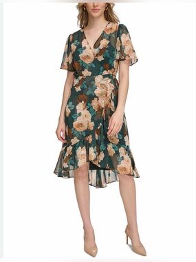 Calvin Klein Womens Floral Bloom Flutter-Sleeve Faux Wrap Ruffle Hem Midi Dress